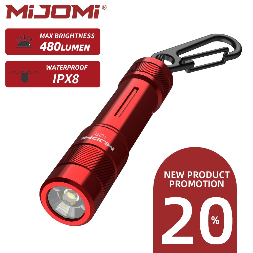 Mijomi K2R มินิพวงกุญแจไฟฉาย 480 Lumens กันน้ํา IPX8 สำหรับเดินป่าและแคมปิง Christmas gift