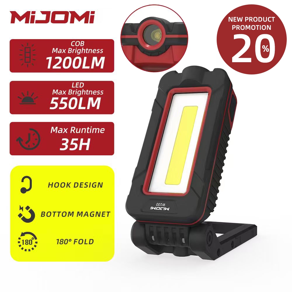 Mijomi W100 ไฟพกพาชาร์จได้ 1200 ลุมين LED ประสิทธิภาพสูง ทนน้ำ มาพร้อมตะขอแม่เหล็ก และแสงสีแดง เพื่องานซ่อมและแคมป์ปิง