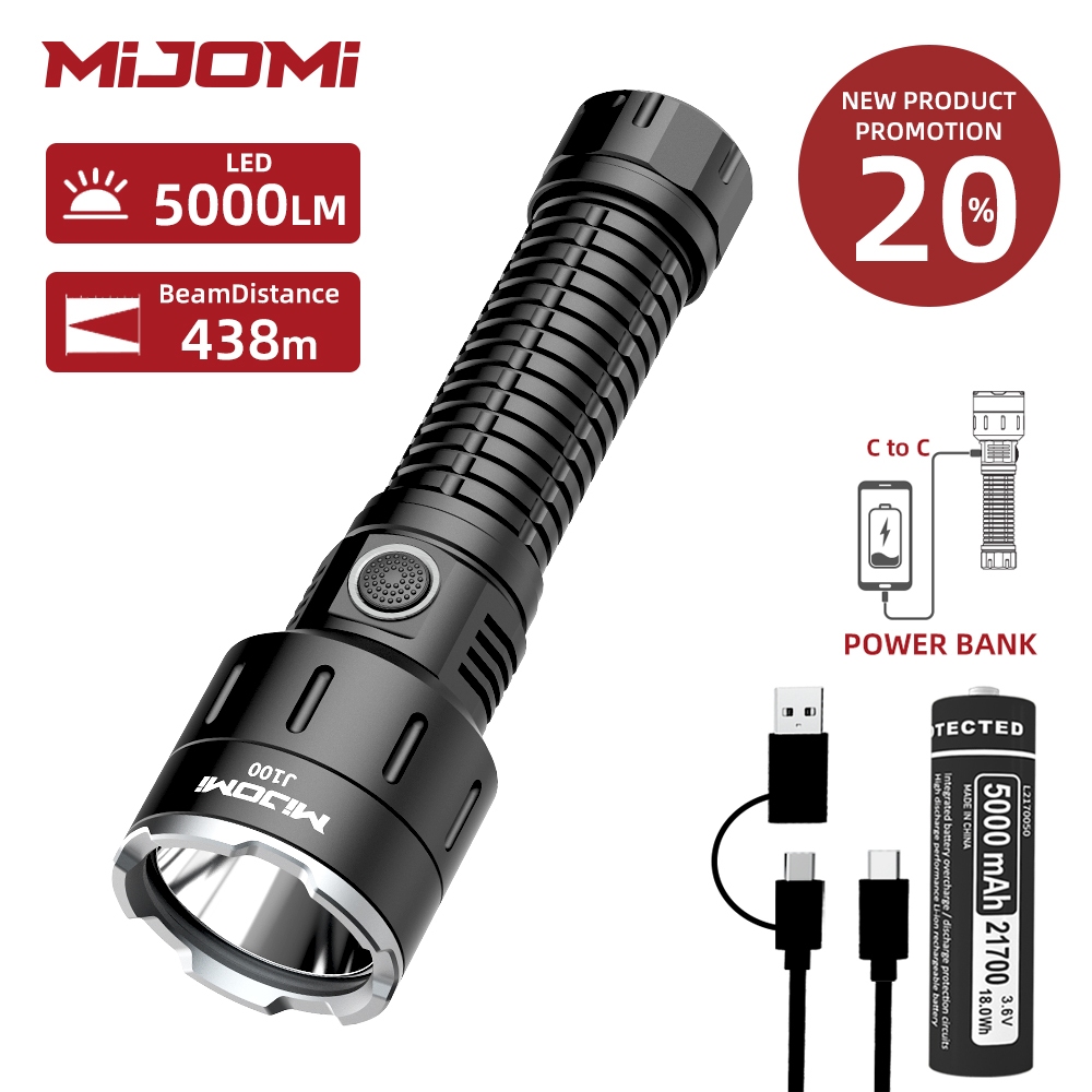 MIJOMI J100 ไฟฉาย IP68 กันน้ำ ส่องไกล 438 เมตร แบตเตอรี่ 5000mAh ชาร์จ Type-C เหมาะสำหรับกลางแจ้งและใช้ในบ้าน