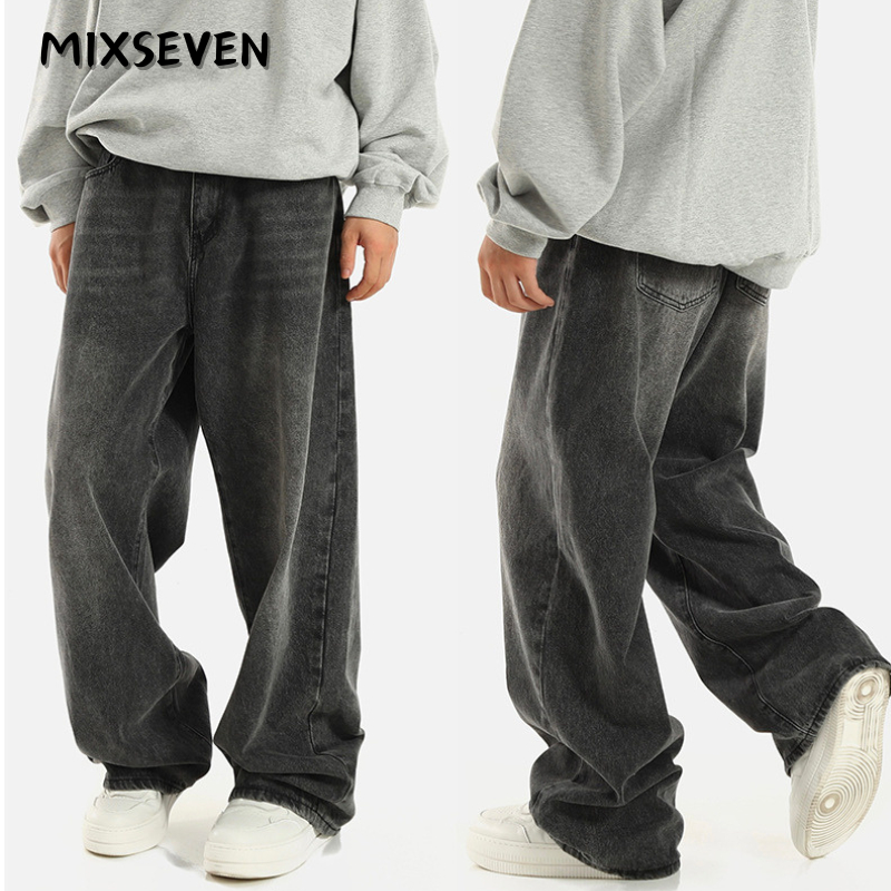 MIXSEVEN-กางเกงยีนส์ผู้ชาย สีเทาดำ สไตล์อเมริกา ทรงตรงหลวม baggy jeans M-3XL