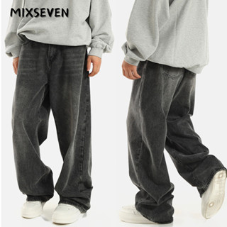 MIXSEVEN-กางเกงยีนส์ผู้ชาย สีเทาดำ สไตล์อเมริกา ทรงตรงหลวม b…