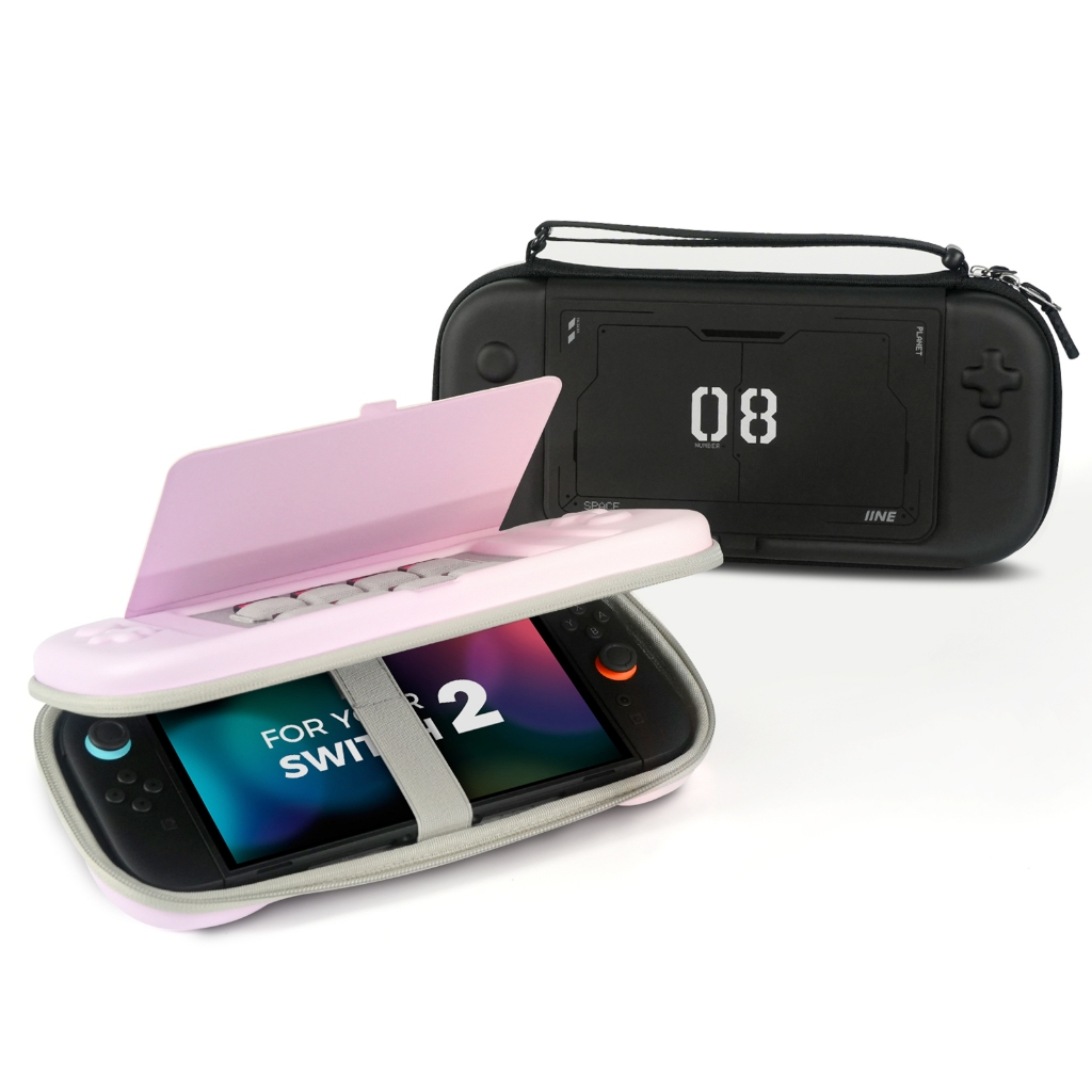 IINE CARRYING CASE สําหรับ SWITCH 2 พร้อมการเข้าถึงการ์ดเกมด่วน/ วัสดุ EVA /การป้องกันเต็มรูปแบบ / กันกระแทก- สีชมพูและสีดํา