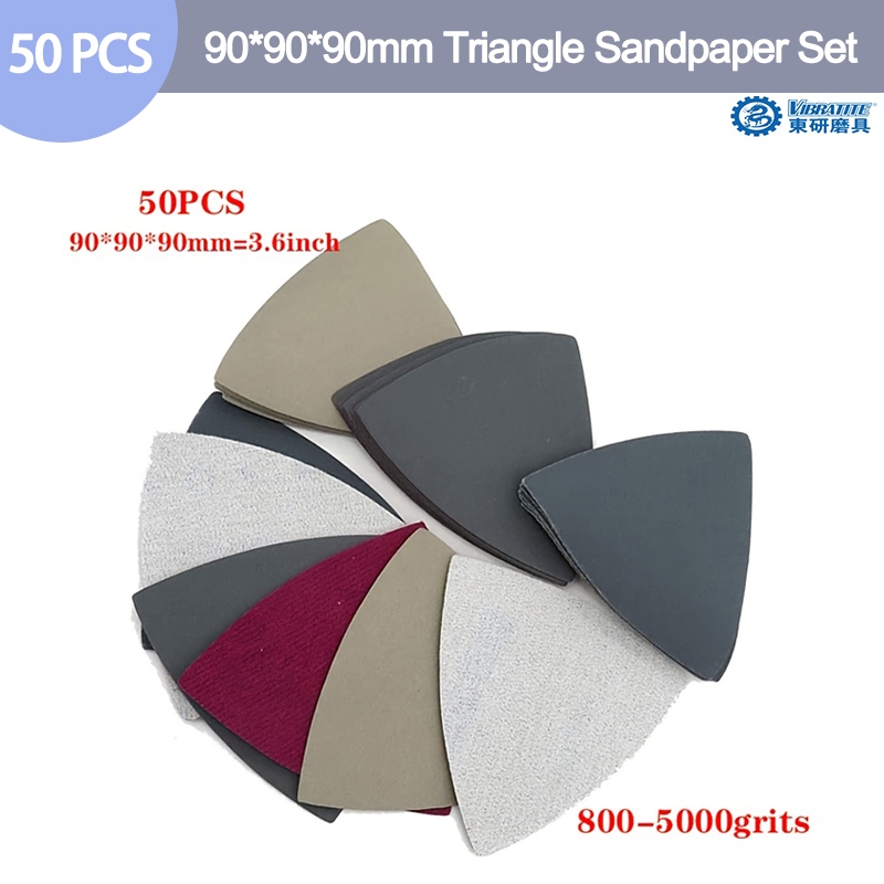 50 ชิ้น 90x90x90 มิลลิเมตรสามเหลี่ยมกระดาษทรายซิลิคอนคาร์ไบด์เปียกแห้ง 800-5000 กรีสําหรับขัดและบดรถยนต์ไม้โลหะหยกและวัสดุอื่นๆ