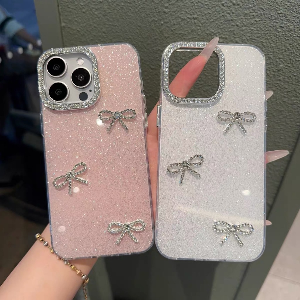 เพชรแวววาวที่สวยงามและโบว์สีชมพูเข้ากันได้สําหรับ Iphone 16promax 15 14 pro max 13 pro max 12Promax เคสโทรศัพท์แบบนุ่ม