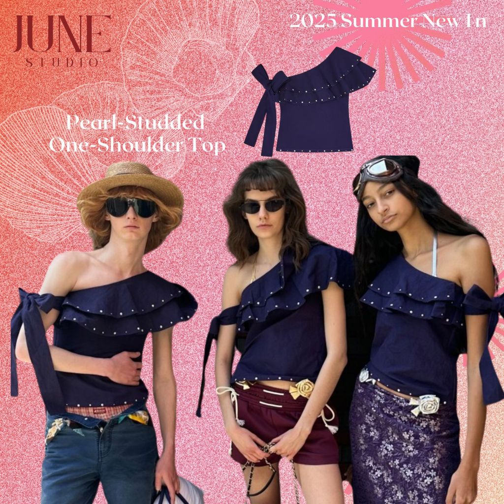 [June Studio] Galaxy Fragments Pleated Lace Rivets Slanted Shoulder Top Women Casual Design Feel