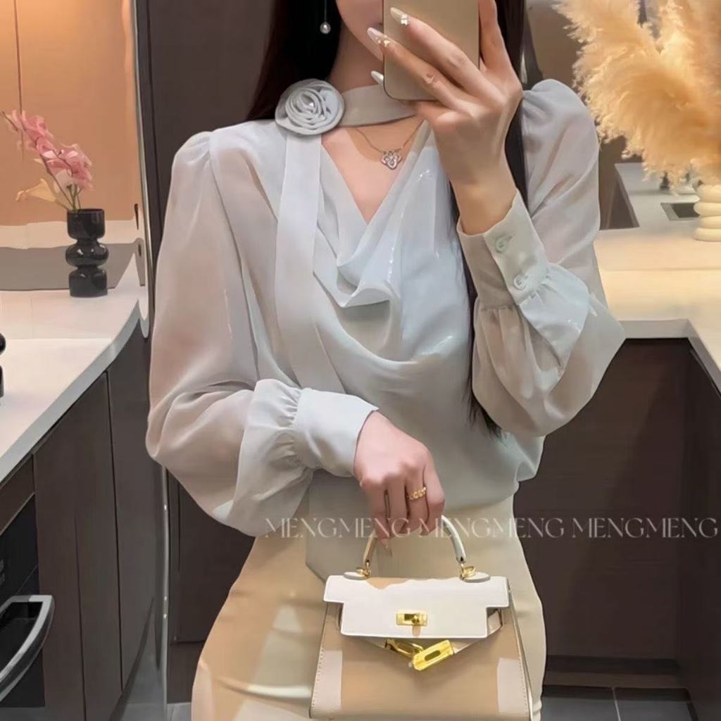เสื้อชีฟองสไตล์เกาหลีแขนยาว สำหรับผู้หญิง ทรงหลวม