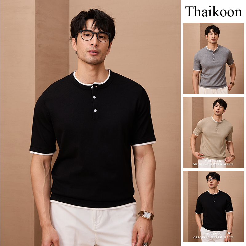 เสื้อยืดคอ Henley สไตล์เกาหลี ออกแบบเหมือนสองชิ้นแบบวินเทจ