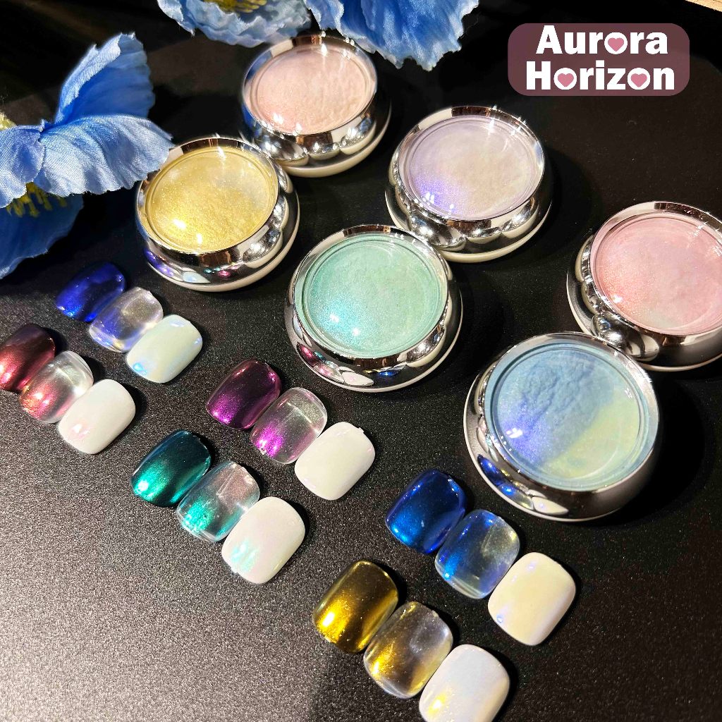 【พร้อมส่งในกรุงเทพฯ】ผงขัดเล็บ 6 ตลับ ผงขัดออโรร่า Aurora แถมแปรงขัด สีโฮโรแกรม สีแต่งเล็บ ผงมุกกระจก นีออน