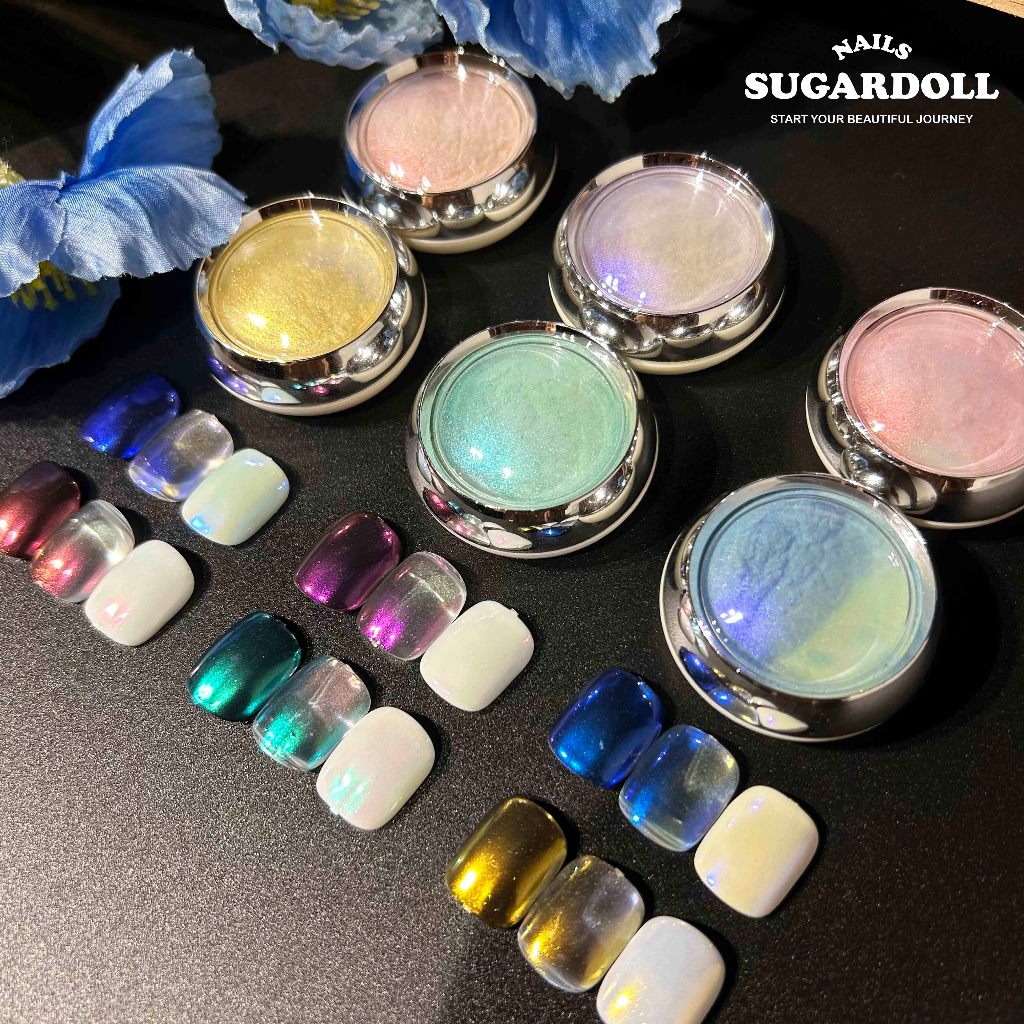 พร้อมส่งในBangkok สีโฮโรแกรม สีแต่งเล็บ แถมแปรงขัด ผงมุก ผงกระจก Aurora 6ตลับ ผงขัดเล็บ ผงขัดออโรร่า