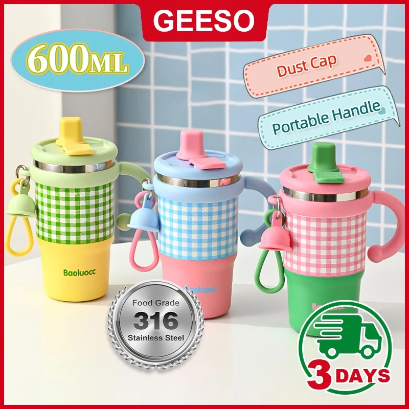 GEESO 316 Stainless Steel แบบใหม่มีที่จับ แก้วกาแฟ แก้วเก็บความเย็น 600ml กระติกน้ําร้อน พร้อมหลอด ลายสก็อต Dual Drinking Mouth Cup Water Bottle 双饮保温杯
