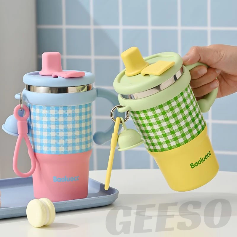GEESO 316 Stainless Steel แบบใหม่มีที่จับ แก้วกาแฟ แก้วเก็บความเย็น 600ml กระติกน้ําร้อน พร้อมหลอด ลายสก็อต Dual Drinking Mouth Cup Water Bottle 双饮保温杯 thumbnail 9