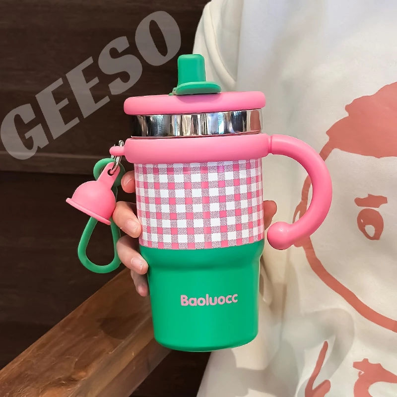 GEESO 316 Stainless Steel แบบใหม่มีที่จับ แก้วกาแฟ แก้วเก็บความเย็น 600ml กระติกน้ําร้อน พร้อมหลอด ลายสก็อต Dual Drinking Mouth Cup Water Bottle 双饮保温杯 thumbnail 10