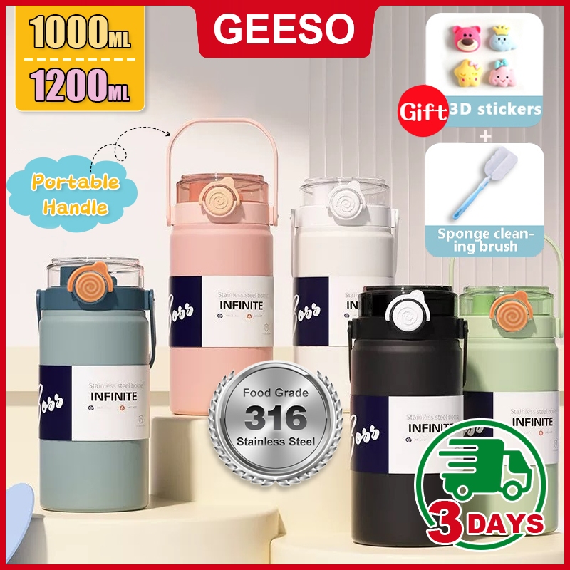 GEESO กระบอกน้ำเก็บอุณหภูมิร้อน-เย็น 1000ML 1200ML สแตนเลส 316 กระติกน้ำสแตนเลสเกรด Thermos Cup Water Bottle With Handle 便携手提水壶