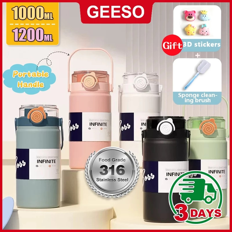 GEESO กระบอกน้ำเก็บอุณหภูมิร้อน-เย็น 1000ML 1200ML สแตนเลส 316 กระติกน้ำสแตนเลสเกรด Thermos Cup Water Bottle With Handle 便携手提水壶