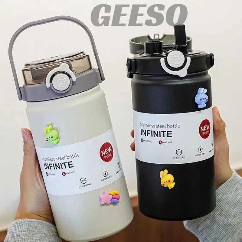 GEESO กระบอกน้ำเก็บอุณหภูมิร้อน-เย็น 1000ML 1200ML สแตนเลส 316 กระติกน้ำสแตนเลสเกรด Thermos Cup Water Bottle With Handle 便携手提水壶 thumbnail 3