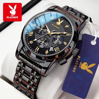 PLAYBOY นาฬิกา ผู้ชาย แฟชั่น watch 100% แท้ นาฬิกาข้อมือกันน้ำได้ ควอตซ์ สายสเตนเลส ทองดำ มัลติฟังก์ชั่น เวลา 3066-H