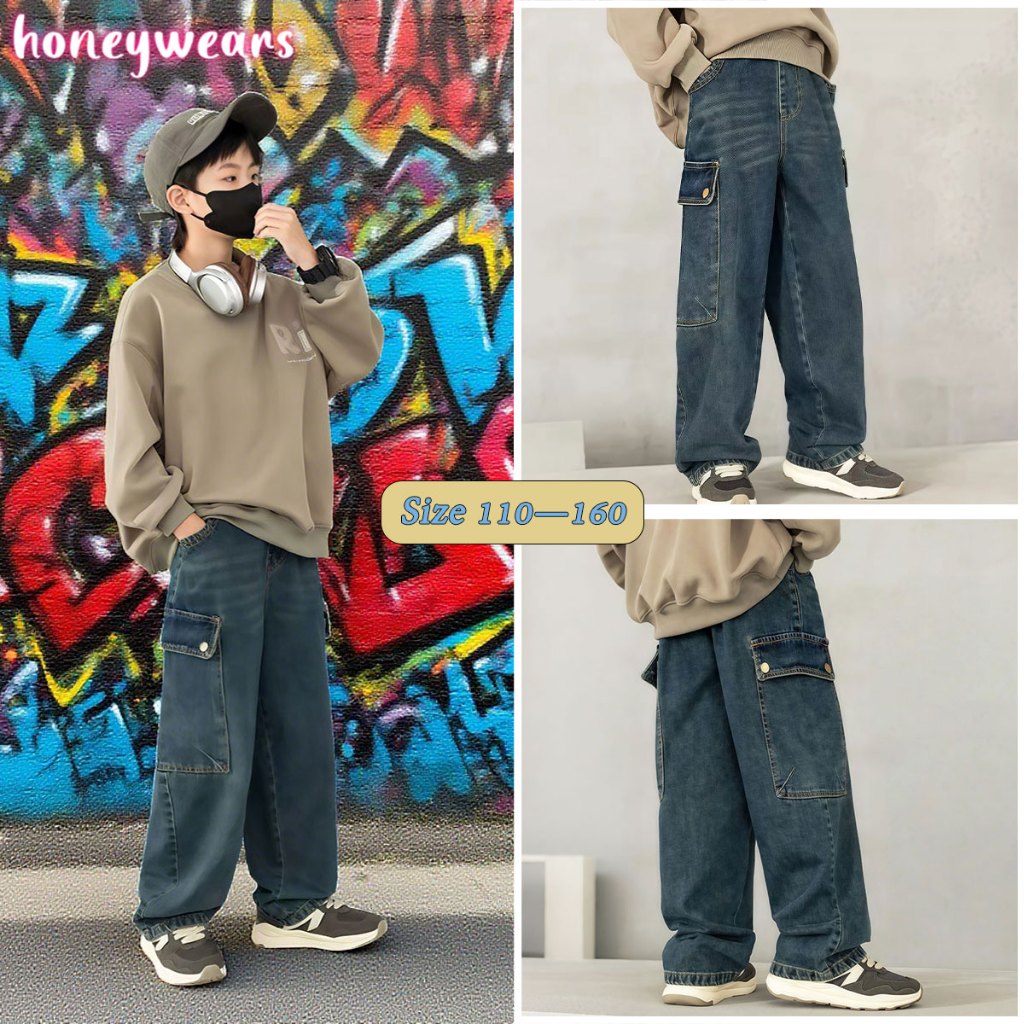 honeywears⚡พร้อมส่ง⚡กางเกงขายาวแฟชั่นเด็กชาย กางเกงยีนส์ทรงขากระบอกเด็ก สไตล์เกาหลี ยอดนิยม หล่อ แบบหลวม ไซส์ 110-160