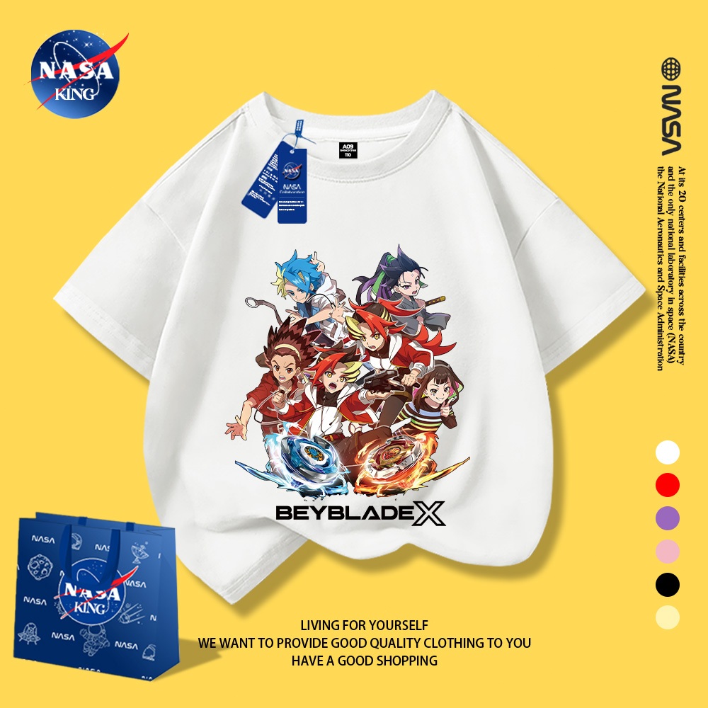 NASA เสื้อยืดเด็ก ผ้าฝ้ายแท้ สไตล์เกาหลี ลาย Beyblade X (เบบเบลด X)  แขนสั้น เหมาะสำหรับหน้าร้อน