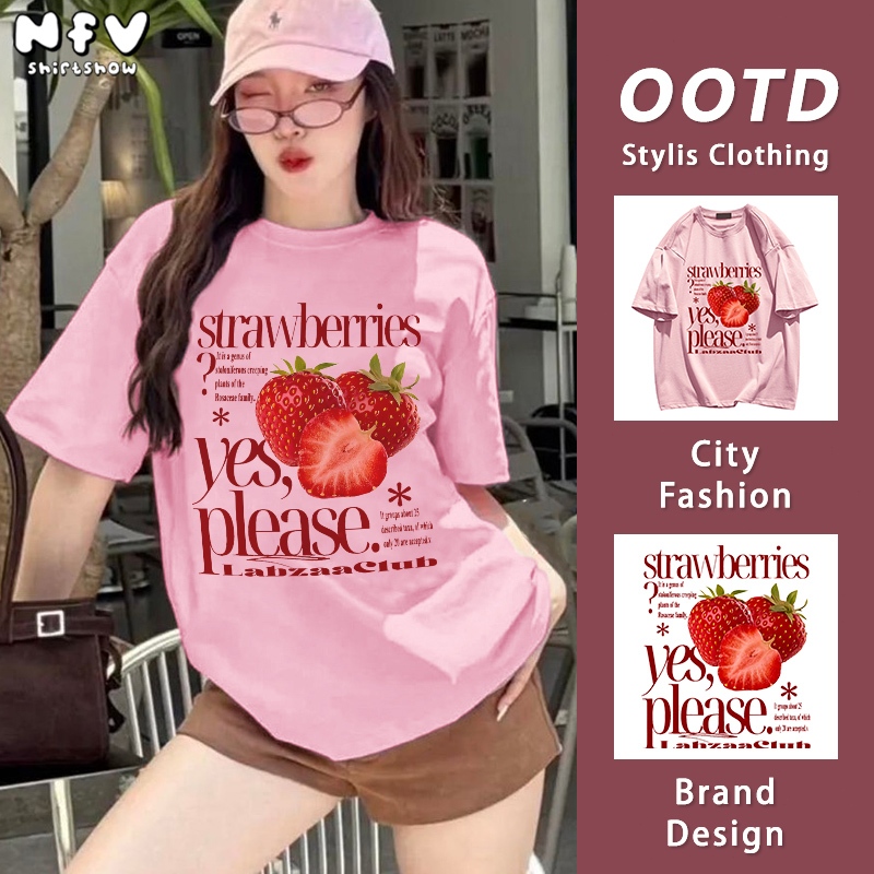NFV แฟชั่นเกาหลี🍒เสื้อยืดแขนสั้นคอกลม ลายสตรอว์เบอร์รี่ oversize ระบายอากาศ ทรงหลวม YG1238