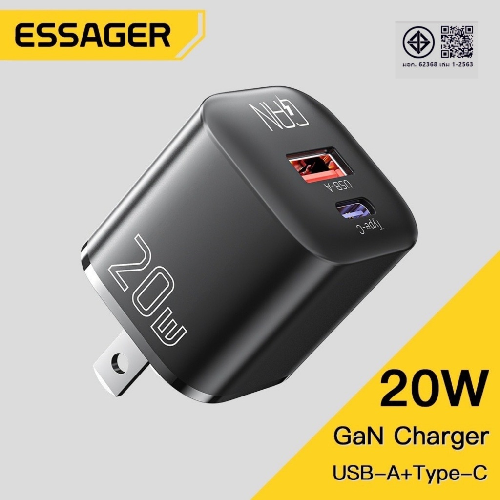 ESSAGER 20W GaN USB Type C QC 3.0 Fast Charging Adapter เหมาะสําหรับ iP 14, 13, 12, 11 Pro Max Mini iPd