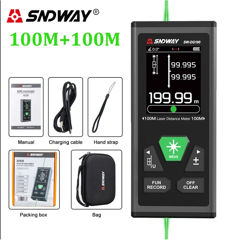 SNDWAY SW-DG100 เครื่องวัดระยะเลเซอร์คู่ Laser Range Finder 200M Green Red Auto หมุนหน้าจอ สำหรับอาคารกลางแจ้ง/ปรับปรุงบ้าน