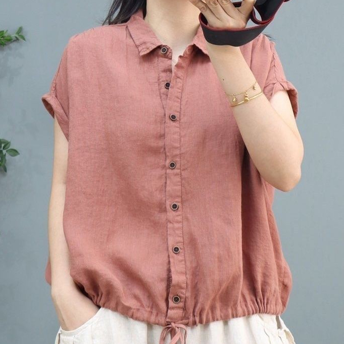 MG [คลังสินค้าพร้อม] ฤดูร้อนผ้าฝ้ายผ้าลินินผู้หญิง Retro Casual All-Match Hem Drawstring แขนสั้นกลางอายุแม่หลวมปก B