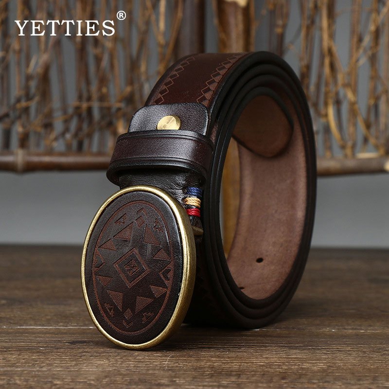 YETTIES เข็มขัดหนังวัวผู้ชาย หัวเข็มขัดทองแดงเรียบ ขนาด3.8cm คุณภาพสูง