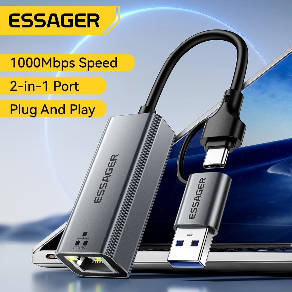 Essager 1000Mbps Type C + อะแดปเตอร์อีเธอร์เน็ต USB 3.0 ไปยัง RJ45 Gigabite Ethernet สําหรับ WindowsMac OSLinux