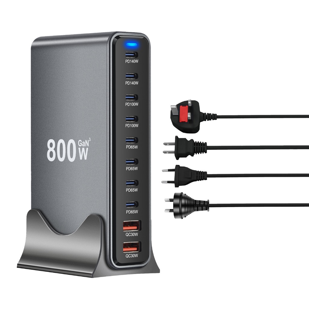 เครื่องชาร์จติดผนังชาร์จเร็วสุด 800W พร้อมปลั๊กเอาต์พุต 10 พอร์ต ปลั๊ก AU/EU/UK/US