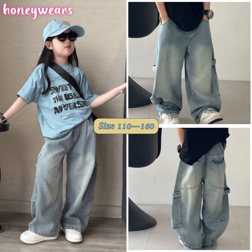 honeywears⚡พร้อมส่ง⚡กางเกงยีนส์เด็ก กางเกงขายาวลำลองเด็กผู้หญิง นุ่ม สบาย สไตล์แฟชั่น สีสวย แมทช์ง่าย ใส่ได้ทุกโอกาส ไซส์ 110-160