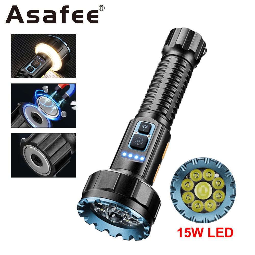 ASAFEE F609X ไฟฉาย 3000LM 15W LED 9-Core Dual Switch หลัก COB 10 โหมด Type-C Power Bank 21700 แบตเตอ