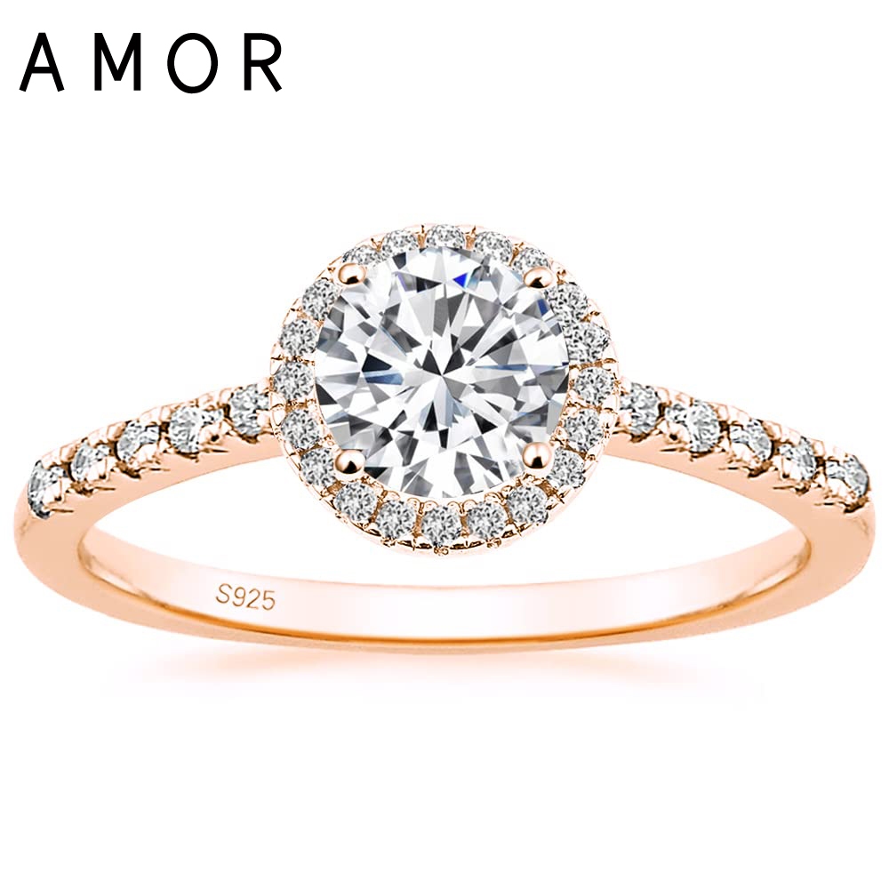AMOR 1.25CT 925 แหวนเงินแท้ Cubic Zirconia งานแต่งงาน Rose Gold Promise แหวนรอบ Halo CZ แหวนหมั้นสํา