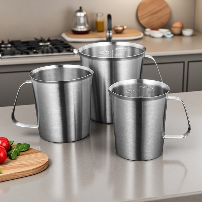 ถ้วยตวงสแตนเลส 304 เทง่าย อ่านง่าย - 304 Stainless Steel Measuring Cup with Handle & Spout สำหรับทำอาหารและขนม - ของขวัญคนทำขนม (500ml/700ml/1000ml/1500ml/2000ml)