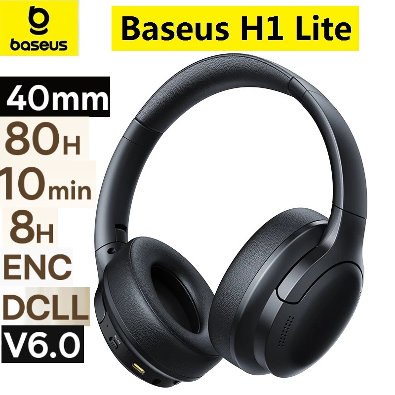 Baseus BH1 Lite หูฟังไร้สายบลูทูธ 6.0 ENC Super Bass หูฟัง 80H เวลาเล่น Over Ear ชุดหูฟัง