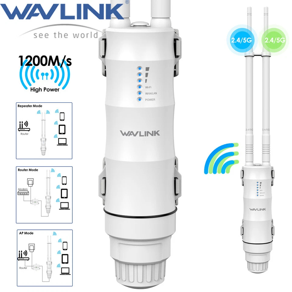 WAVLINK 1200Mbps Outdoor WiFi Router Extender Access Point Internet Repeater AP POE Network