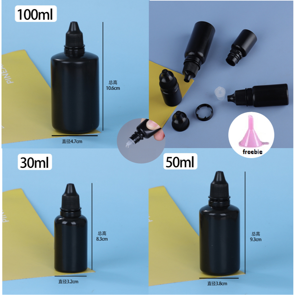 100pcs Black Eye Dropper ขวด 20ml 30ml 50ml 100ml พลาสติกรีฟิล Eye Liquid Squeezable Dropper Vials ตัวอย่างปลั๊ก