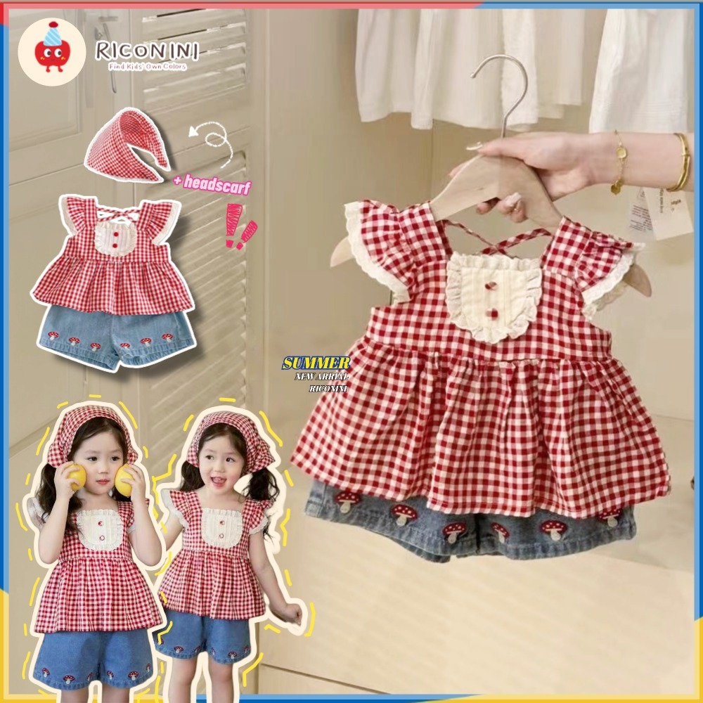 เกาหลีเด็กเด็กสาวชุดฤดูร้อนแขนสีแดง Plaid Flutter แขนด้านบน + กางเกงยีนสั้นสไตล์เด็กสองชิ้นชุดเสื้อผ้า