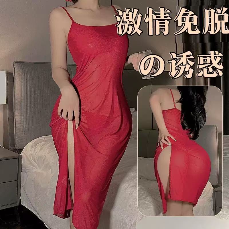 หวานเซ็กซี่สาวร้อนบางสไตล์แสดงหน้าอกตาข่ายใหญ่ดูผ่านชุดเอวแคบ กรีด สลิง ชุดนอน