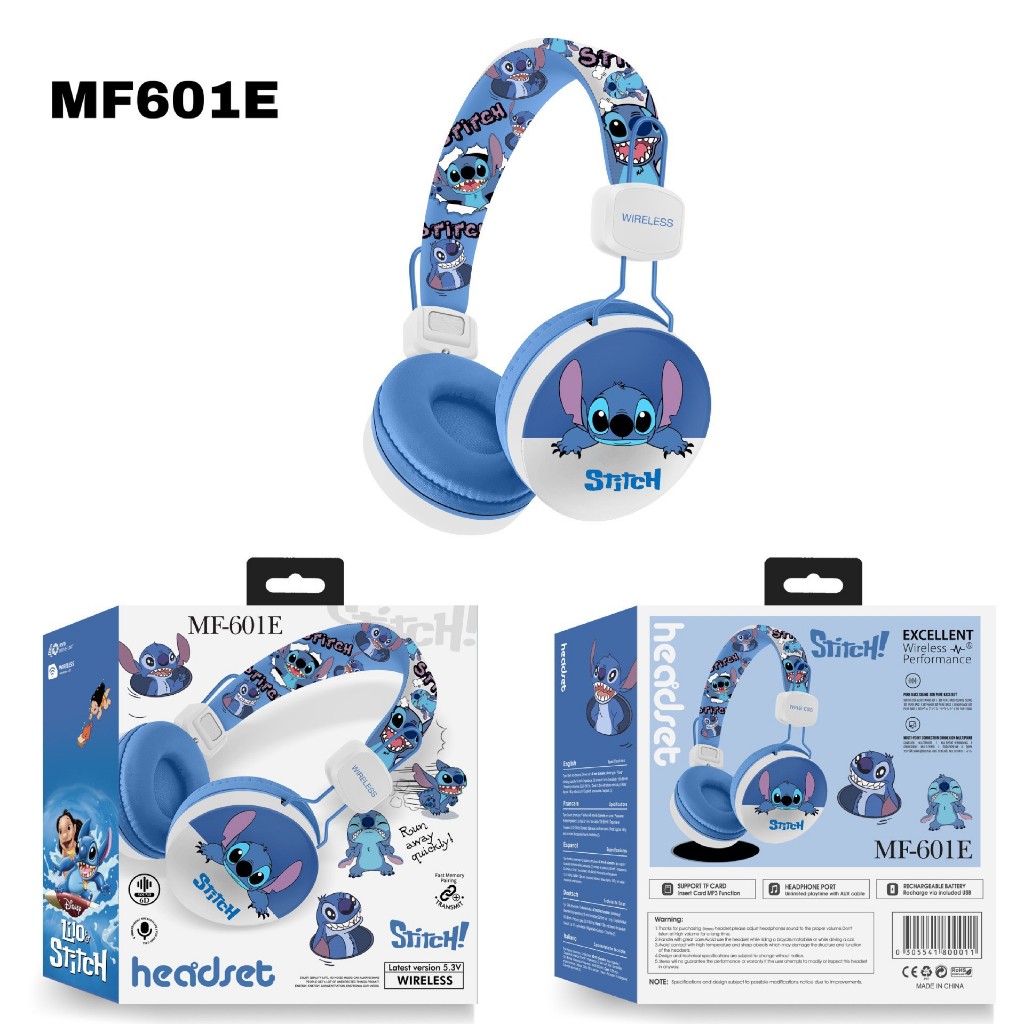 Disney Stitch หูฟังบลูทูธหูฟังไร้สายไฮไฟสเตอริโอชุดหูฟังพร้อมไมโครโฟนสําหรับ Spider Man อะนิเมะการ์ตูน MF601
