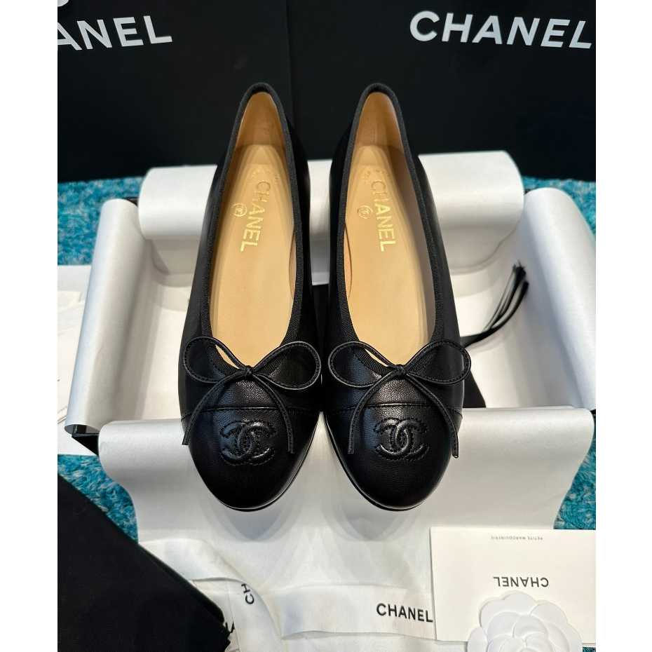 รองเท้าบัลเล่ต์นิ้วเท้ากลมโบว์คลาสสิก สุภาพสตรี คุณภาพดี พื้นรองเท้าหนังแท้เกรด A อิตาเลียน