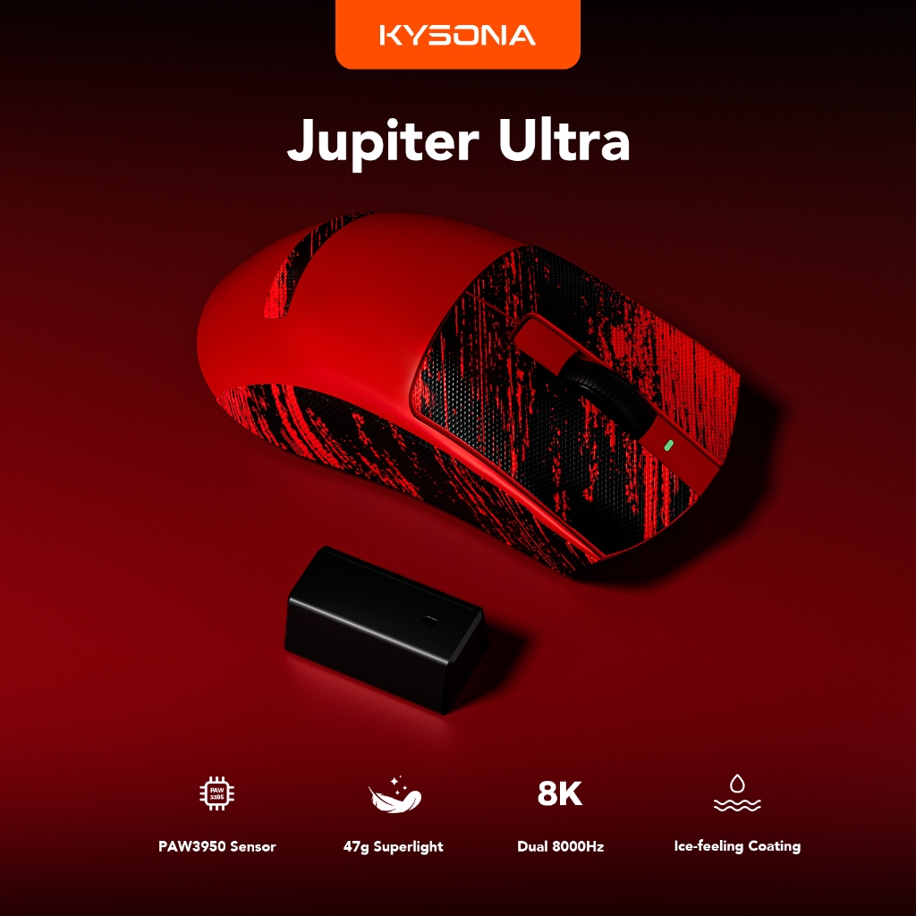 KYSONA Jupiter Ultra 46g น้ําหนักเบาเป็นพิเศษ PAW3950 Dual-8K Hz เมาส์สําหรับเล่นเกมไร้สายสูงสุด 300