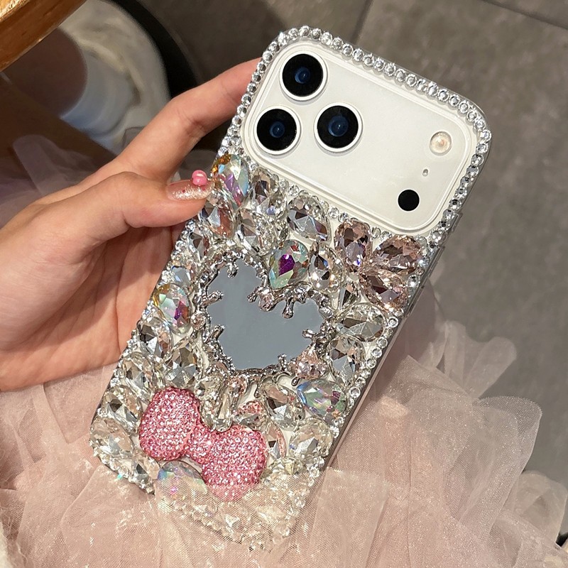 Bling Rhinestone สีชมพู Big Bow เคสโทรศัพท์สําหรับ iPhone 17 16 11 12 13 14 15 Pro Max 16E 7 8 Plus XR XS Max Luxury Glitter Love กระจกแต่งหน้าเพชรเงินอะคริลิคกันกระแทก