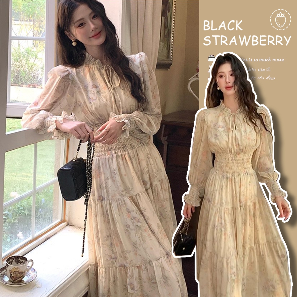 ชุดฝรั่งเศสลายดอกไม้สำหรับเด็กหญิง กระโปรงยาว สไตล์หรูหรา และเข้ารูปที่ระดับไฮเอนด์
