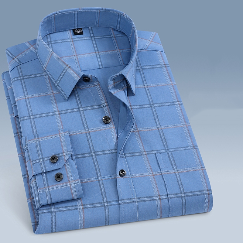 เสื้อเชิ้ตแขนยาวลายสก๊อต slim fit สไตล์เกาหลี สำหรับการทำงานในออฟฟิศ พร้อมไซส์พิเศษ