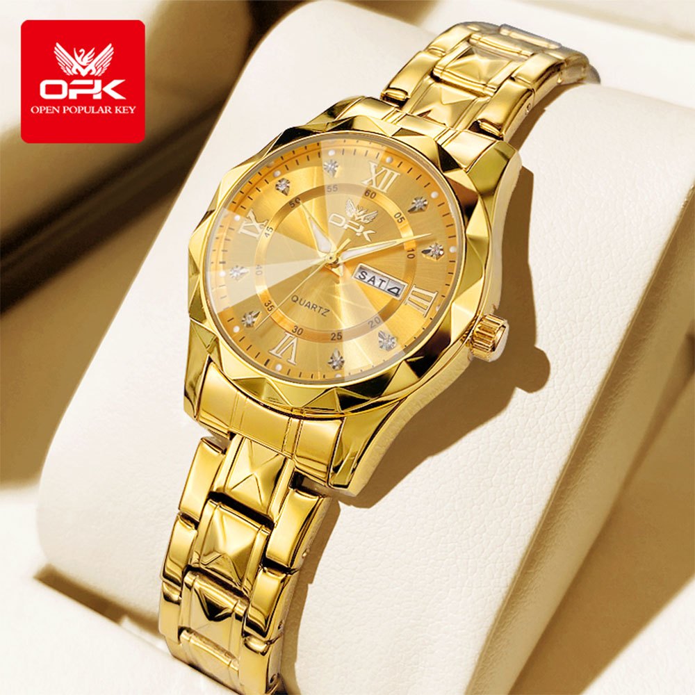 OPK นาฬิกาข้อมือผู้หญิง นาฬิกาแฟชั่นเรืองแสงกันน้ำสำหรับผู้หญิงสีทองสำหรับเป็นของขวัญ 6023