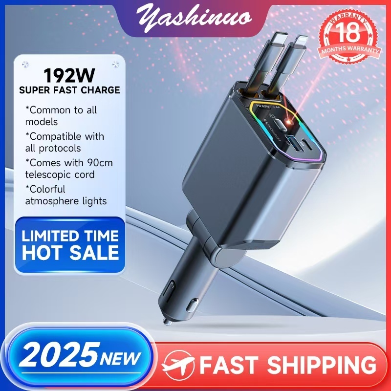 [จัดส่งด่วน]Yashinuo 4 In 1 Car Charger Scalable Cable เหมาะสําหรับอะแดปเตอร์โทรศัพท์มือถือชาร์จเร็ว