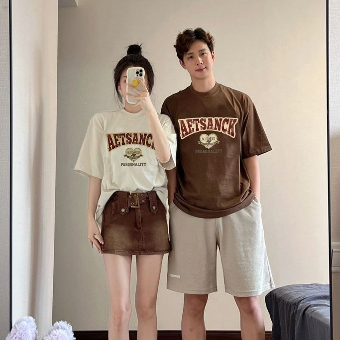 ชุดคู่รัก ชุดฤดูร้อน เสื้อยืดแขนสั้น ผ้าฝ้าย 100% สำหรับผู้ชายและผู้หญิง นักเรียน เสื้อวินเทจอเมริกัน