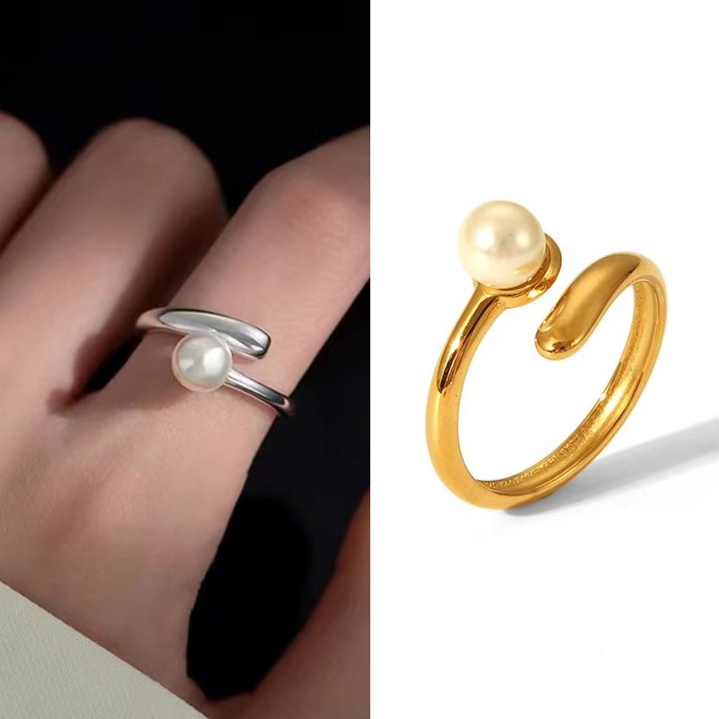 แหวนสแตนเลสปรับขนาดได้ ประดับมุก กันน้ํา กันเหงื่อ ไม่ลอก ไม่ดํา เรียบง่าย เข้ากับทุกสไตล์ สําหรับผู้หญิง