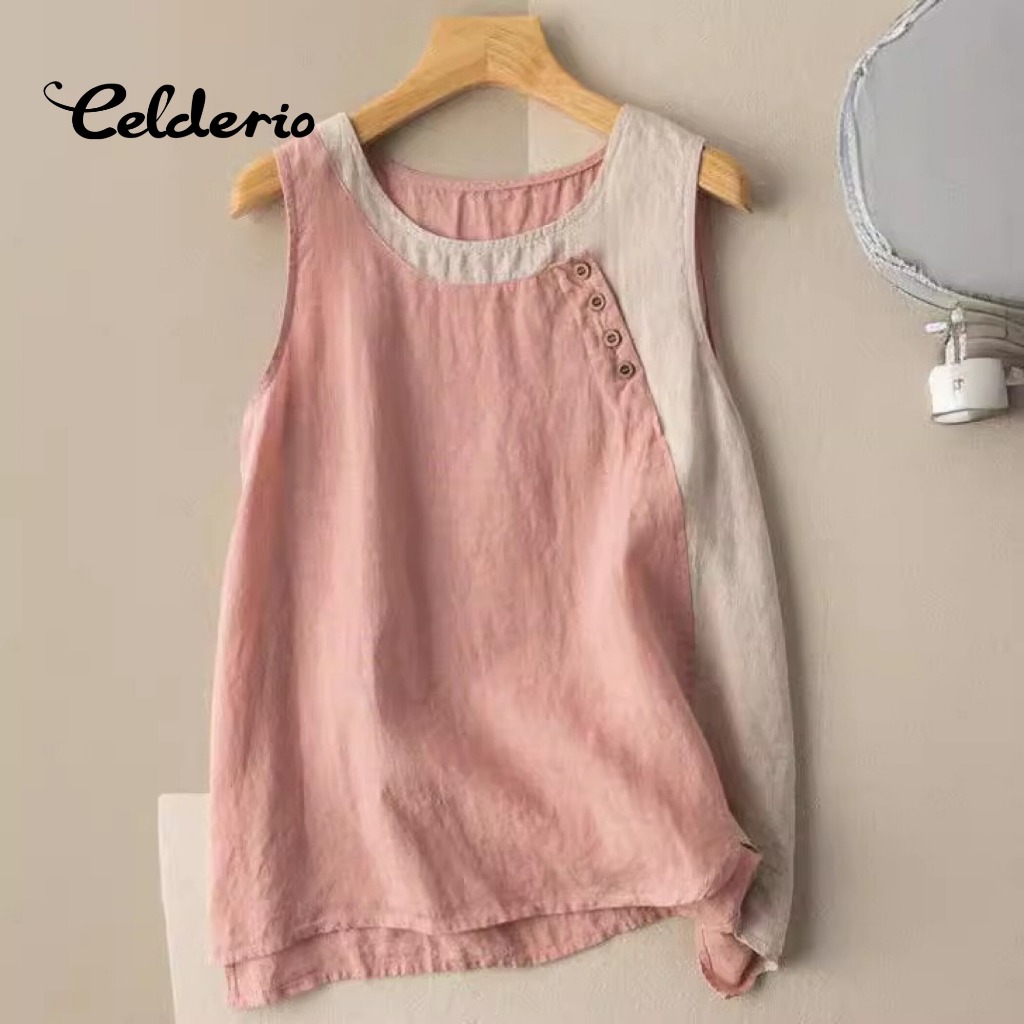 Celderio สเวตเตอร์แขนกุดสไตล์วินเทจสำหรับผู้หญิง ทำจากผ้าฝ้ายและลินิน เหมาะสำหรับสวมใส่ในฤดูร้อนแบบลำลอง