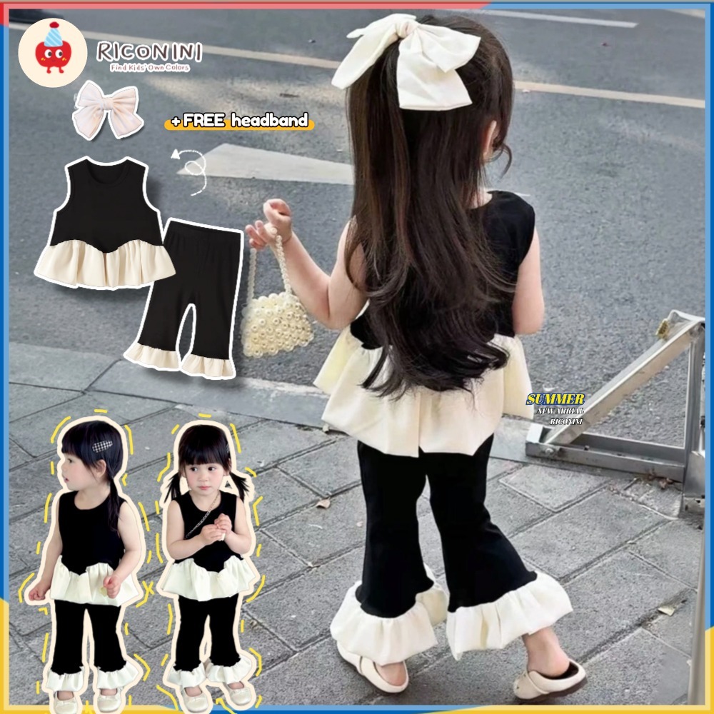 [+headband] 2025 ชุดเด็ก Black Swan ของเด็กผู้หญิงฤดูร้อนใหม่ - เสื้อเร้าใจ + กางเกง Bootleg ชุดเด็กสไตล์เกาหลี